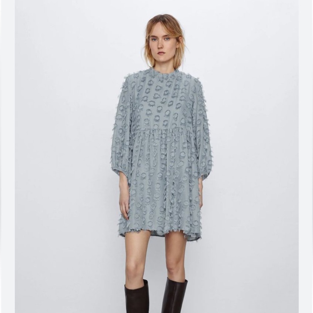 NWT Zara sage textured weave baby doll Dress size L 3/4 sleeve keyhole back blue